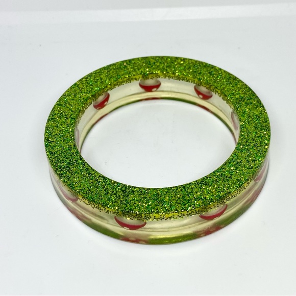 Vintage Red and White Toadstool Mushrooms Lucite Bangle Bracelet Green Sparkles - Picture 7 of 9